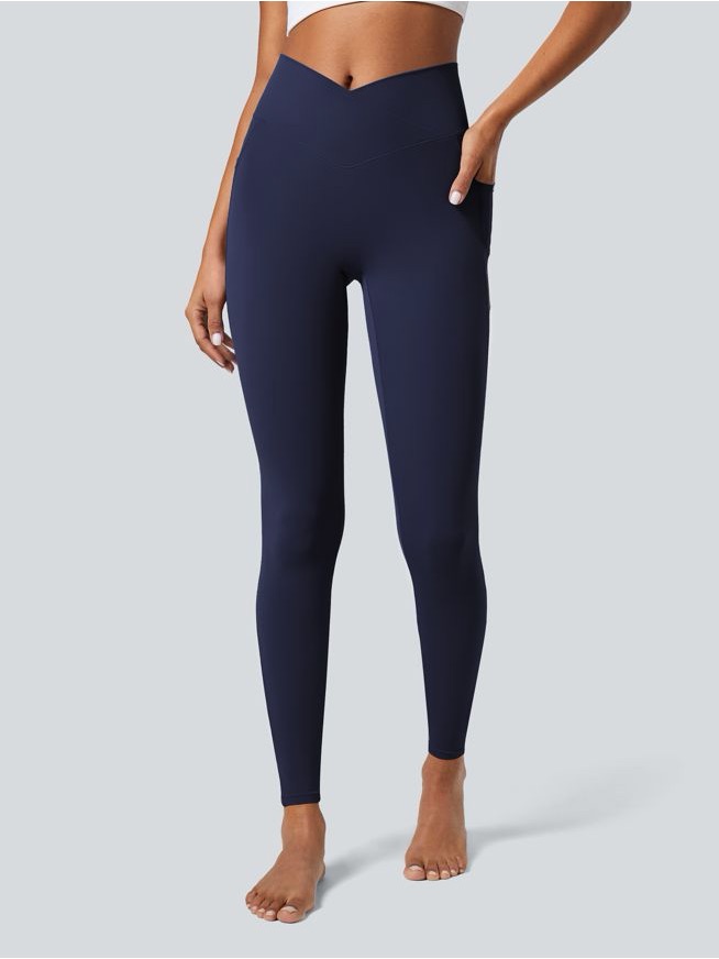 Halara Navy High-Waist Cross-Over Pocket Leggings